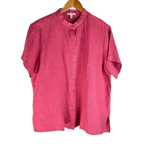EILEEN FISHER Washed Organic Linen Delave Band Collar Short-Sleeve Shirt Size L